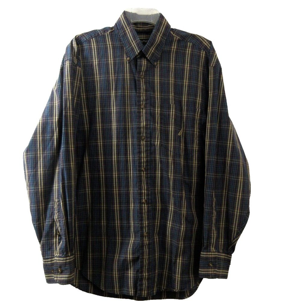 Nautica Shirt Size Large Green/Navy/Tan Plaid Button Up Long Sleeve Collar Logo